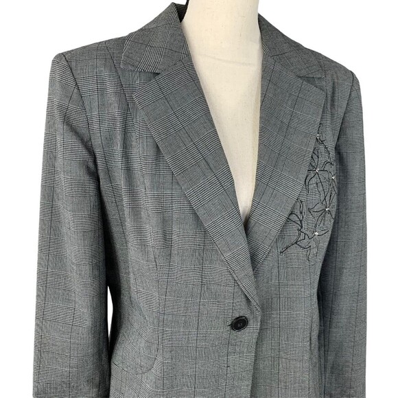 Oscar by Oscar de la Renta Jacket Women 14 Left Side Floral Gray Plaid 1 Button - Picture 2 of 9